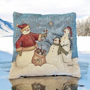 Christmas Throw Pillow-Tapestry 15'' Square-Snowman-Holiday Decor-Vintage-Santa